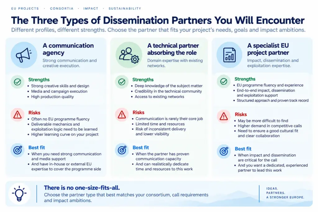 Comparison of three dissemination partner types for EU project consortia: communication agency, technical partner and specialist EU project partner, with strengths, risks and best-fit cases