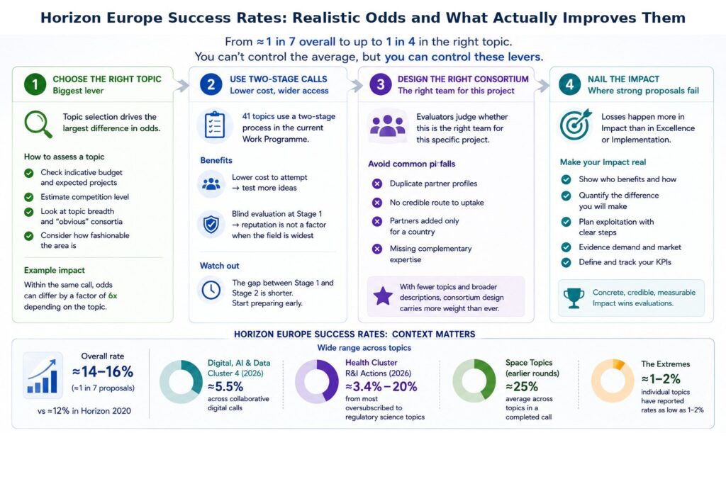 Horizon Europe success rates and the main factors that improve proposal funding odds, including topic selection, two-stage calls, consortium design and impact
