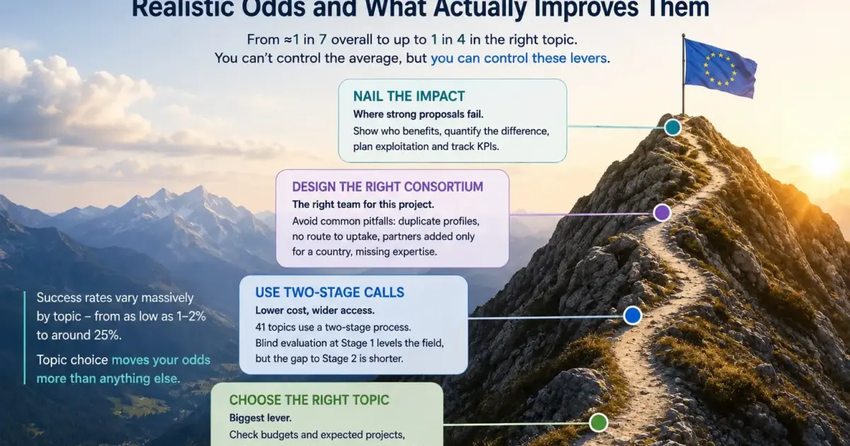 Horizon Europe Success Rates: Realistic Odds and What Actually Improves Them Horizon Europe success rates illustrated as a mountain path from topic selection to stronger impact