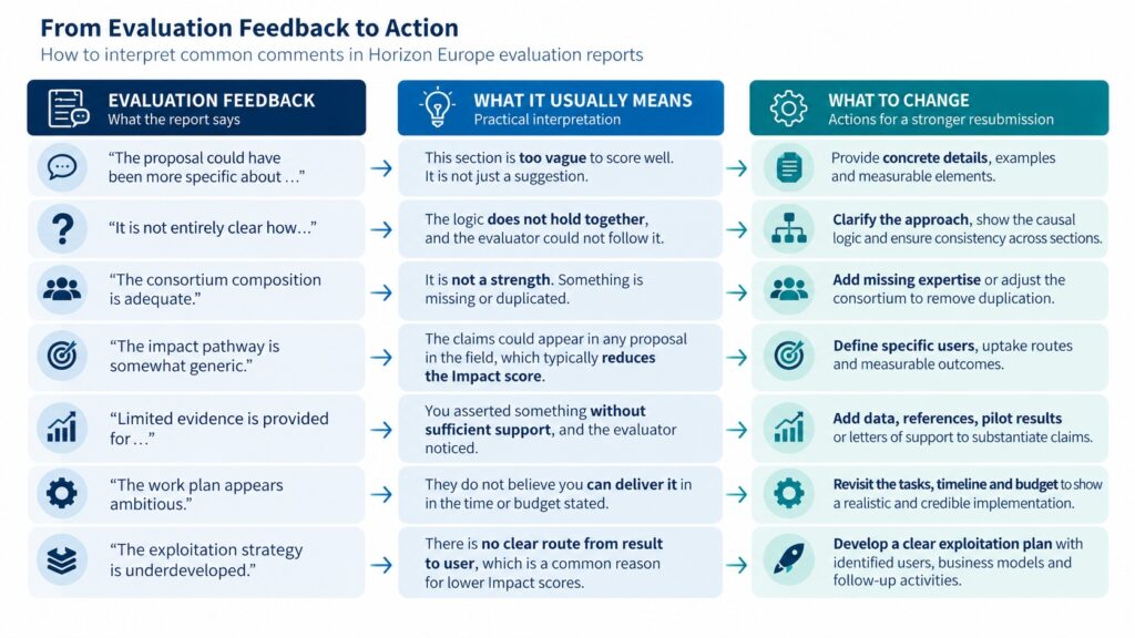 Infographic showing how to interpret Horizon Europe evaluation feedback and turn evaluator comments into concrete proposal improvements.
