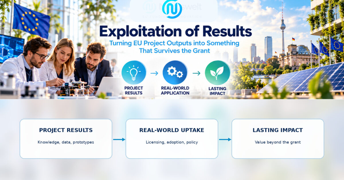 Exploitation of EU Project Results | Nexuswelt EU project exploitation visual showing research results progressing towards practical application and long-term impact.