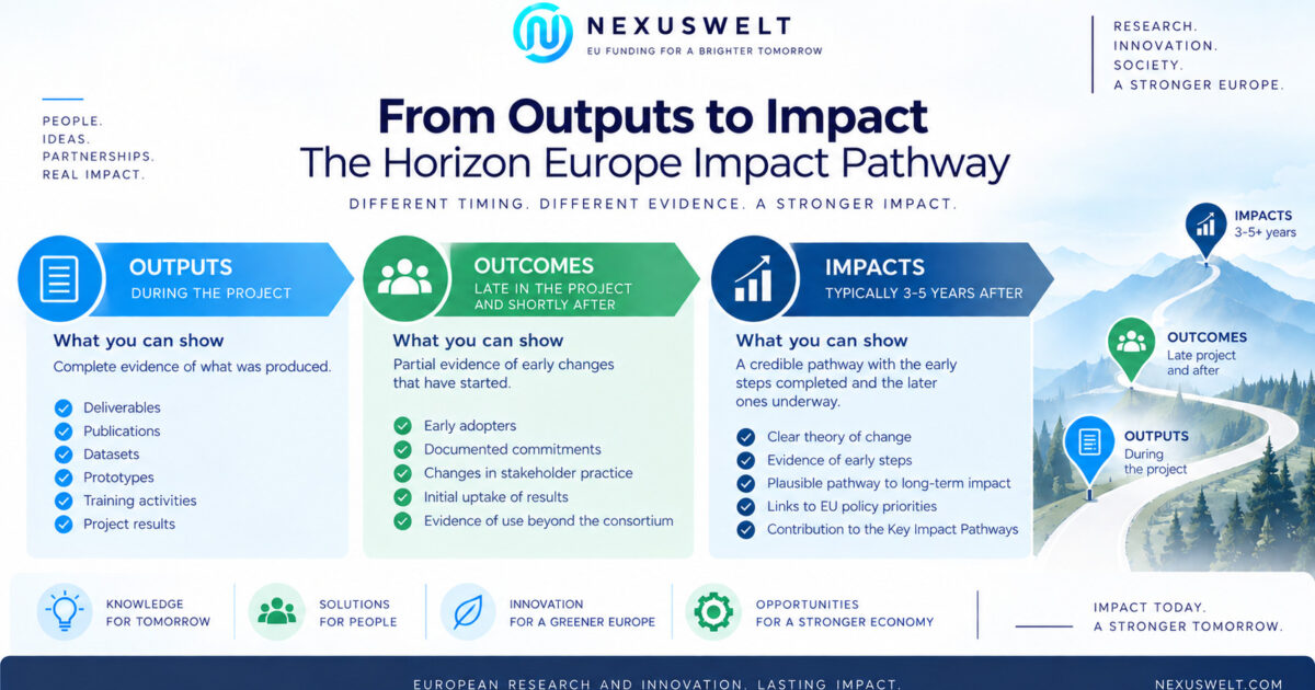 How to Measure Impact in EU Projects: KPIs, Evidence and Key Impact Pathways EU project impact measurement showing outputs, outcomes and impacts across the Horizon Europe impact pathway, with KPIs and evidence for final review