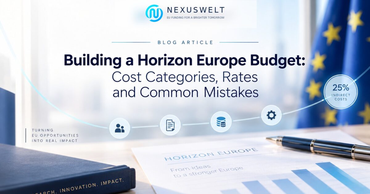 Building a Horizon Europe Budget: Cost Categories, Rates and Common Mistakes Horizon Europe budget planning banner showing cost categories, funding rates, co-financing and the 25% indirect cost structure